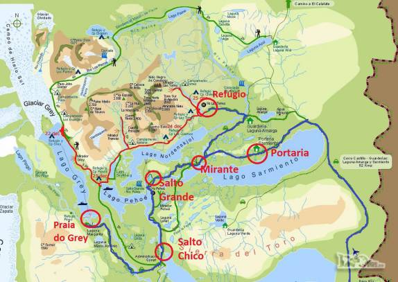 Nosso roteiro (de carro e pequenas trilhas) no primeiro dia no Parque Torres del Paine: Portaria Sarmiento - Mirante - Salto Chico - Praia do Lago Grey - Salto Grande - Refúgio Las Torres. Amanhã, começamos o famoso trekking do W, também mostrado no mapa